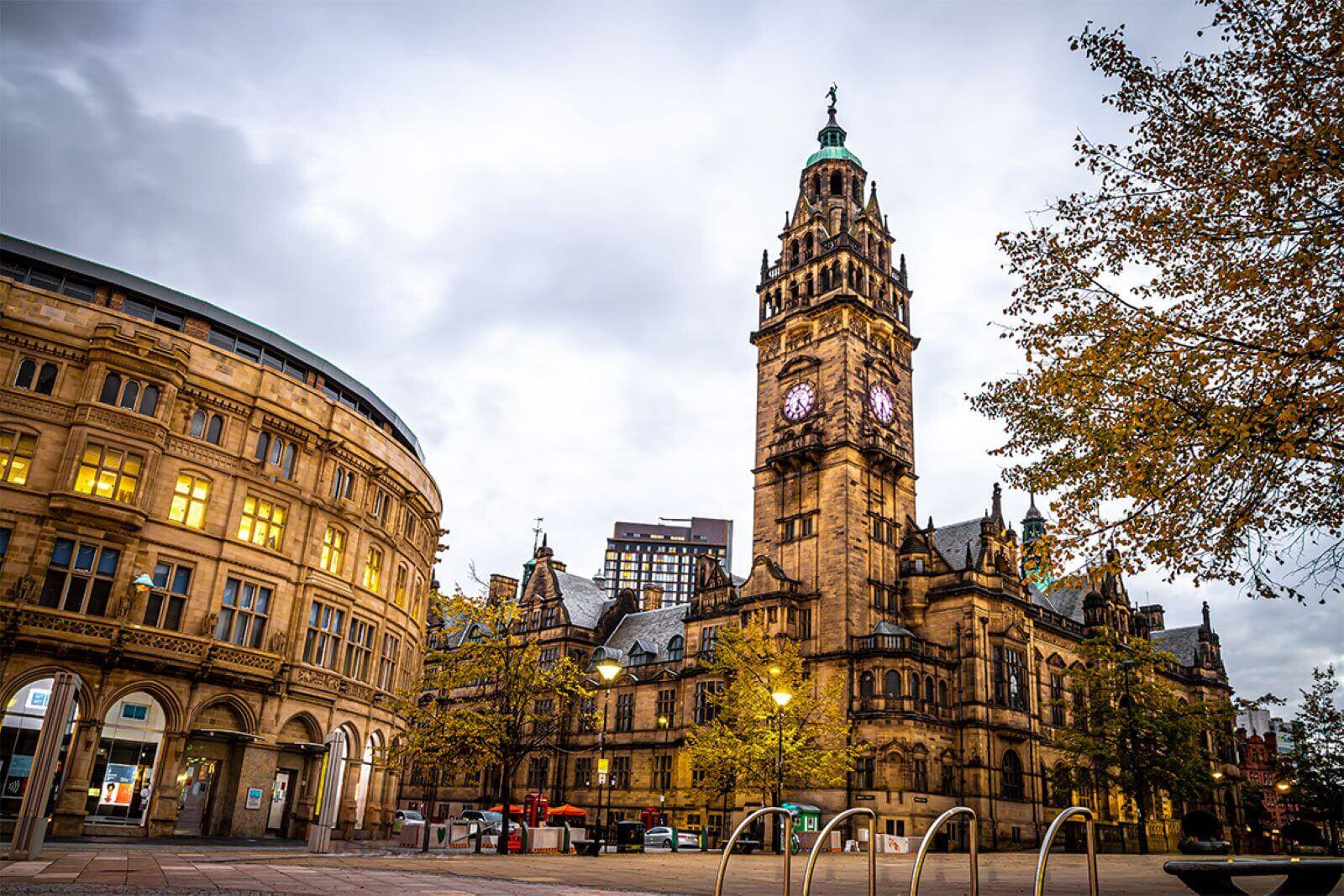 Sheffield Town Hall and Peace Gardens in Sheffield city centre, showcasing the city's historic architecture and one of the best areas to live in Sheffield.