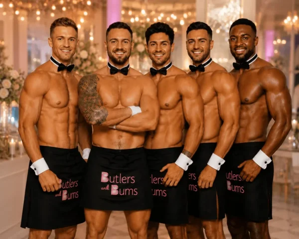 Five Butlers with Bums entertainers wearing bow ties, cuffs, and branded aprons pose together at a private event venue.