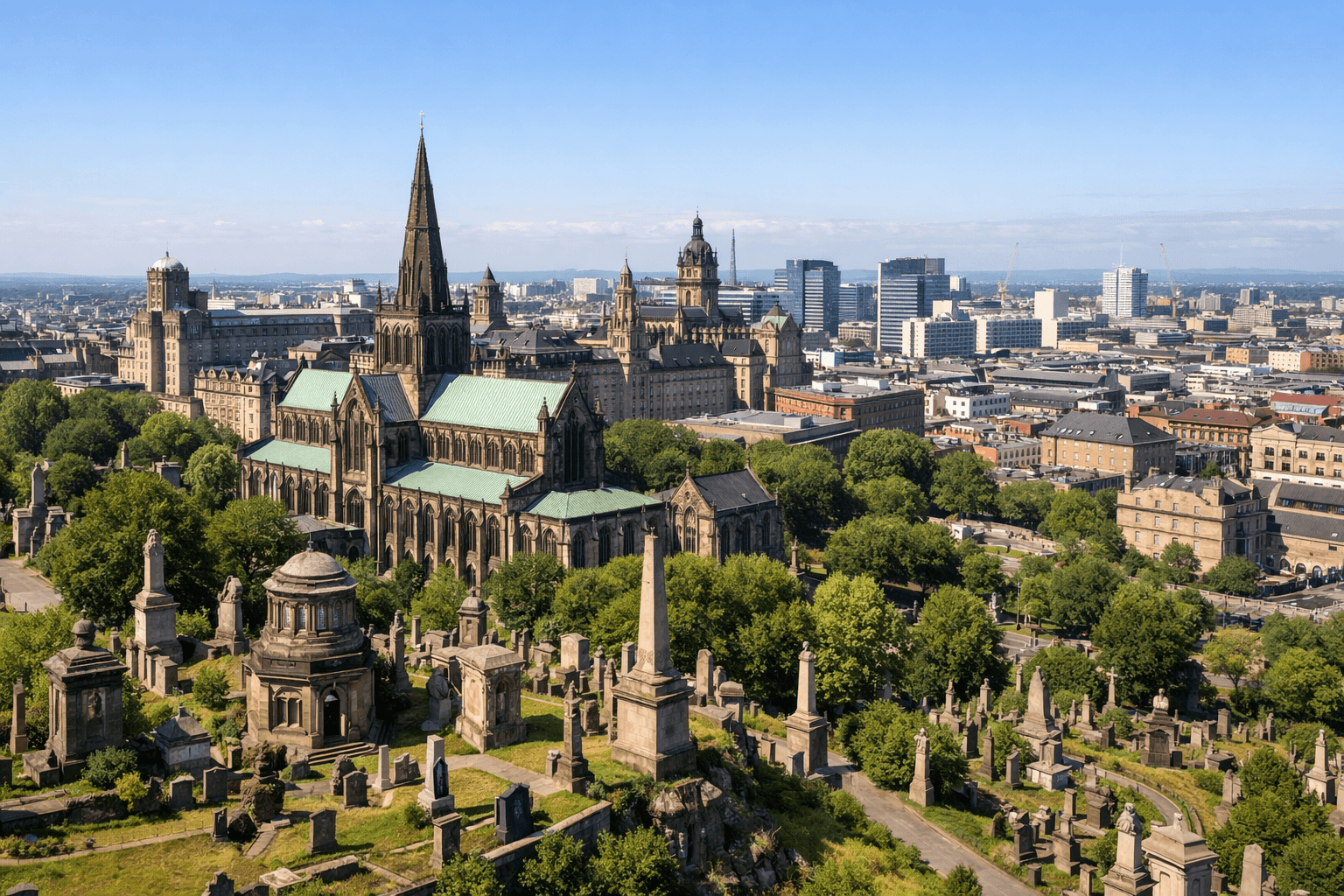 A panoramic view of Glasgow Cathedral and the historic Glasgow Necropolis overlooking the Glasgow city skyline on a clear sunny day in Scotland.