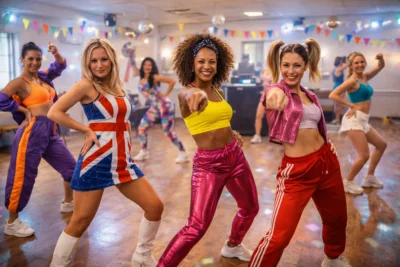 Group of women in 80s-style outfits dancing at a themed party night
